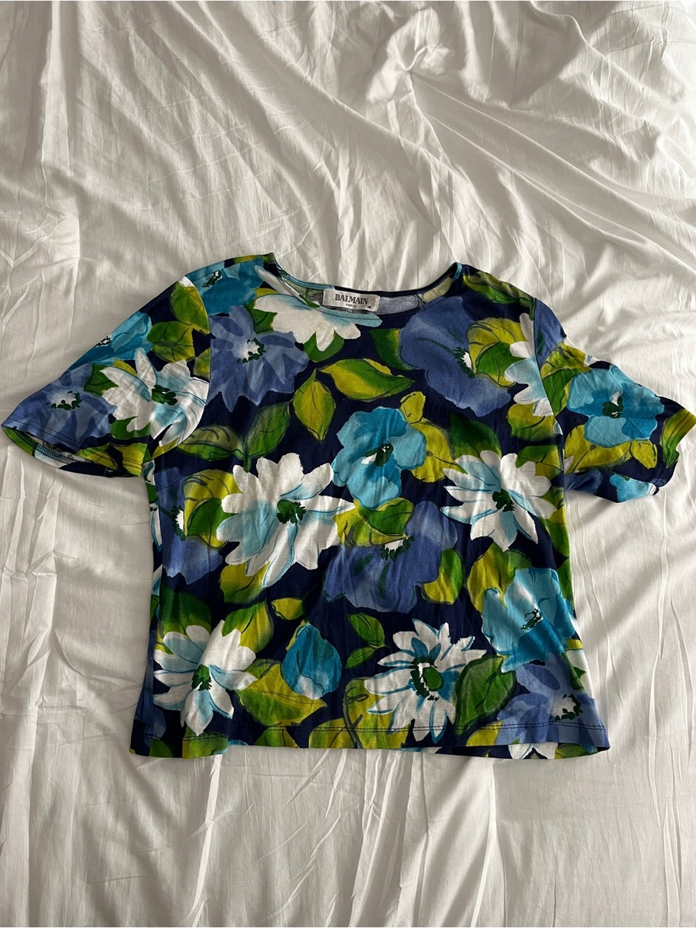 Balmain Paris Floral Print Short Sleeve Top Blouse Blue Green FR 38 / US 6